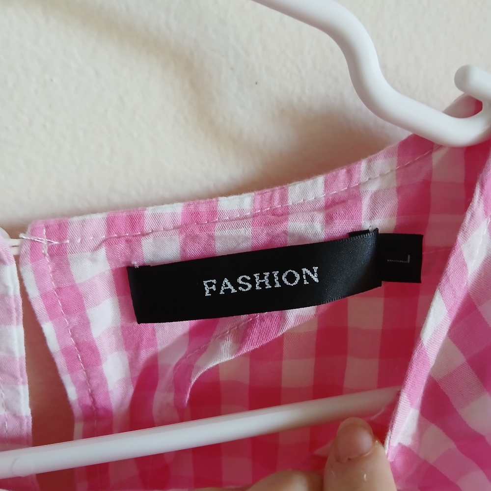 Fashion- Pink Gingham Elbow Sleeves with Wrap  Waist Front/Side Tie Dress - Picture 6 of 11